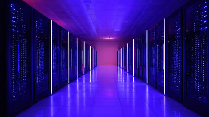 An abstract view of a server room with a atmospheric glow from numerous blue LED lights creating a gradient effect.