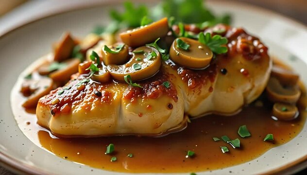 Close up of chicken marsala showing tender chicken breast coated in glossy brown mushroom sauce 