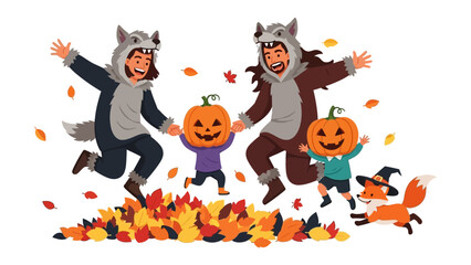 Joyful Family Gathering in Autumn: Capture the heartwarming scene of a family in Halloween costume, joyfully leaping into the air amidst a bed of autumn leaves.