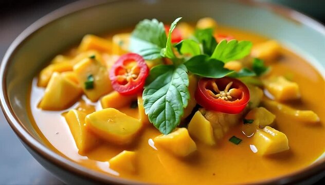 Close up of creamy amok trey curry garnished with fresh herbs and red chili slices 
