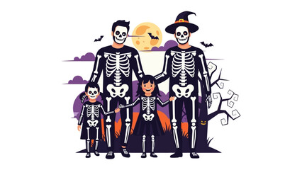 Spooky Halloween Family Portrait: A digitally crafted image features a family dressed in skeleton costumes, gathering under a moonlit sky for a festive Halloween celebration.