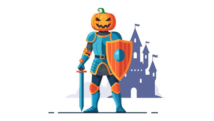 Pumpkin-Head Knight: A brave pumpkin-headed knight, armored and ready, stands guard with sword and shield before a mystical castle, capturing Halloween spirit.