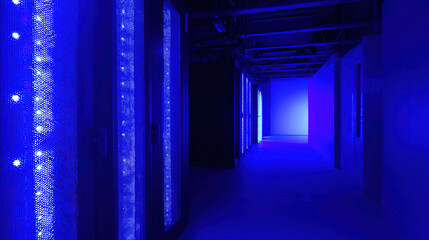 Fototapeta premium An abstract view of a server room with a atmospheric glow from numerous blue LED lights creating a gradient effect.