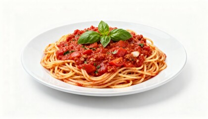 Plate of spaghetti with tomato sauce and basil on a white background.