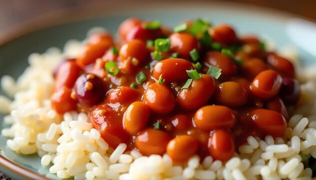 Close up of creamy red beans cooked with spices resting atop fluffy white rice grains 