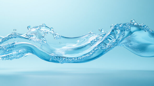 Transparent hyaluronic acid gel texture with visible air bubbles, set against a light blue background. The image emphasizes hydration and skincare