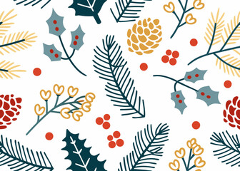 Naklejka premium Seamless pattern of festive winter foliage and berries