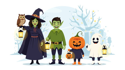 Spooky Halloween Crew : A captivating illustration features a whimsical Halloween scene, showcasing a witch, elf, pumpkin head, and ghost against a backdrop of eerie trees and glowing lanterns.