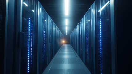 An abstract view of a server room with a atmospheric glow from numerous blue LED lights creating a gradient effect.