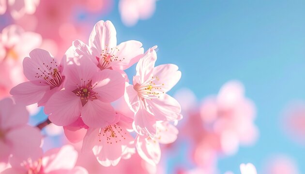 Close-up of delicate pink cherry blossoms against a bright blue sky, a spring awakening