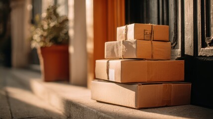 Delivery packages stacked on a doorstep in the sunlight