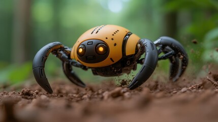 Fototapeta premium A futuristic robotic spider with glowing eyes scuttles through rich, brown soil in a lush forest setting, This image can be utilized in technology, robotics, or nature-themed projects,