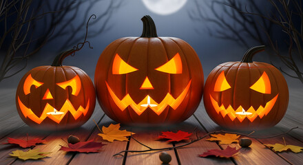 Halloween Jack-o'-Lanterns Glowing at Night with Full Moon and Autumn Leaves on a Wooden Table
