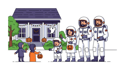 Halloween Astronauts: A group of costumed astronauts trick-or-treat, approaching a decorated house, embracing the festive spirit of the spooky holiday season.