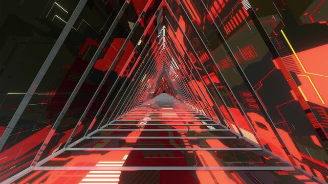The flying through seamless loop animation of colorful transition triangle corridor created by 3D modeling procedural materials. 
