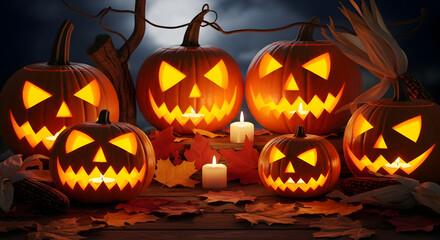 Spooky Halloween night with glowing jack-o'-lanterns, candles, and autumn leaves