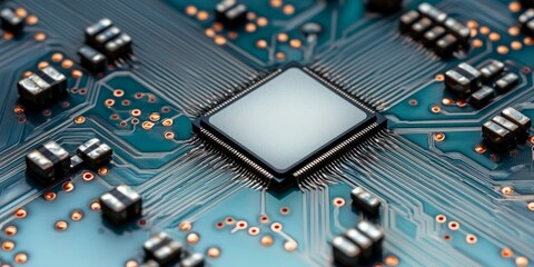 Close-Up of a Motherboard with Silver Microcircuitry and Electronic Components in Technology Design