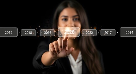 Businesswoman selecting future year on timeline interface digital technology innovation concept