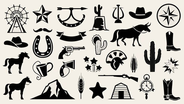 Collection of western and cowboy themed icons and silhouettes
