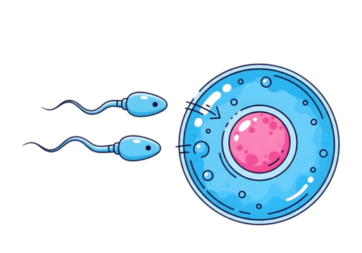 Illustration of sperm cells approaching an egg cell isolated on transparent background - Powered by Adobe
