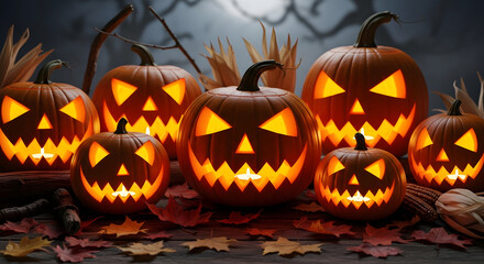 Spooky Halloween Jack-o'-Lanterns Glowing in Dark Night with Autumn Leaves