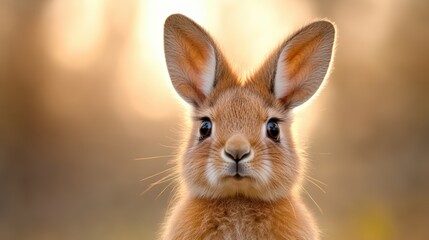 Fototapeta premium A cute rabbit gazes into the camera with soft, fluffy fur and large, expressive eyes, set against a warm, blurred background, Ideal for nature-themed projects, children's media