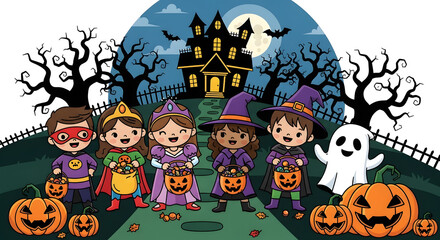 Happy Halloween: Diverse Kids in Costumes Trick-or-Treating at Spooky Haunted House with Pumpkins and Ghost Illustration