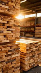 Close-up of stacked lumber inside a timber shop warehouse at sunset.
