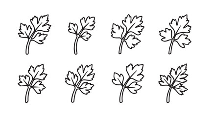 Collection of eight hand drawn parsley leaf sprigs in a simple silhouette style