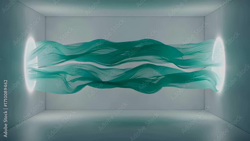 Poster abstract animation of flowing teal fabric with dynamic wavy motions in a clean room