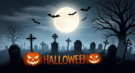 Halloween Night Graveyard Scene with Jack-o'-Lanterns, Full Moon, and Flying Bats. Spooky Holiday Design.