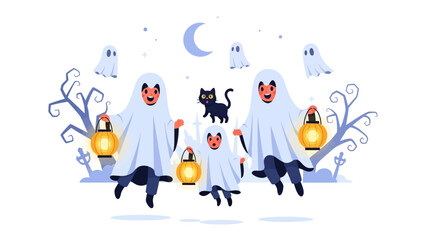 Halloween Family Gathering: An imaginative and festive Halloween illustration, showcasing a family of ghosts with lit lanterns, accompanied by a black cat and spooky night-time scenery.