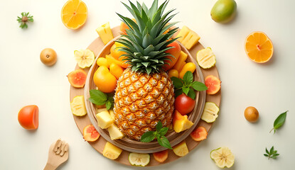 Pineapple Bowl Filled with Tropical Fruits, Overhead View
