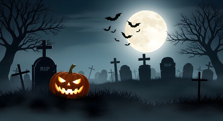 Halloween Night Graveyard with Glowing Jack-o'-lantern, Full Moon, and Bats