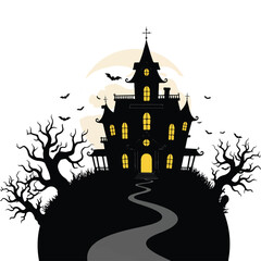 A captivating 2D vector illustration depicts a grand old haunted mansion silhouetted against a spooky evening sky, featuring glowing windows, gnarled bare trees, flying bats, and a winding path.