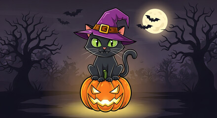 Cute Black Cat Witch on Jack-o'-Lantern at Night with Bats and Full Moon for Halloween