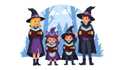 Magical Family of Witches: A close-knit family, clad in whimsical witch attire, stands united amidst a backdrop of an enchanting forest. Holding spell books.