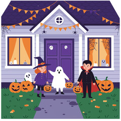 A friendly ghost, a cheerful witch, and a spooky vampire child stand on a decorated doorstep with candy buckets, ready for trick-or-treating in a 2D flat vector illustration.