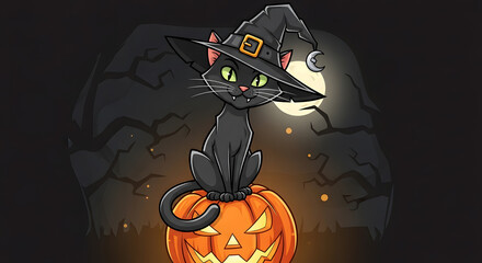 Halloween Night Graveyard Scene with Jack-o'-Lanterns, Full Moon, and Flying Bats. Spooky Holiday Design.