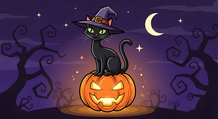 Halloween night with witch cat on glowing pumpkin, spooky trees and crescent moon