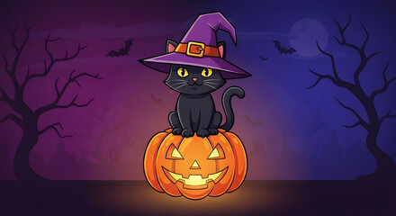 Cute Black Cat Witch on Glowing Jack-o'-Lantern with Spooky Halloween Night Background and Bats