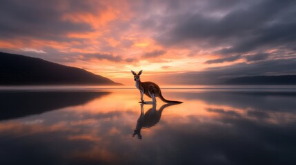 A kangaroo stands majestically by the water during a stunning sunset, reflecting colors in the still surface, This image can be used in nature photography, travel blogs