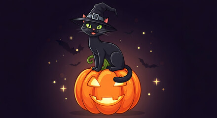 Cute Witch Cat on Halloween Pumpkin with Bats and Magical Sparkles