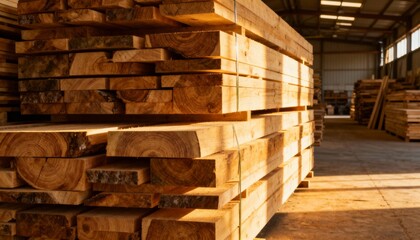 Close-up of stacked lumber inside a timber shop warehouse at sunset.