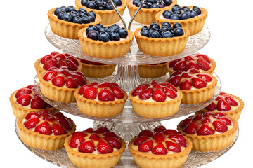 Elegant tiered stand displaying an assortment of fruit tarts on a transparent background