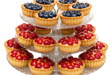 Elegant tiered stand displaying an assortment of fruit tarts on a transparent background