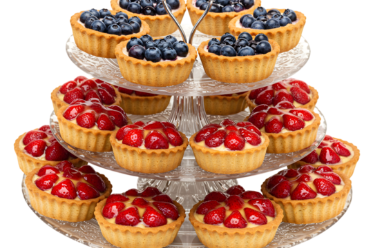 Elegant tiered stand displaying an assortment of fruit tarts on a transparent background