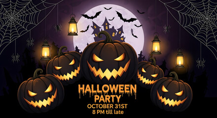 Spooky Halloween Party Background with Jack-o'-Lanterns, Haunted House, Full Moon, Bats, and Spiderwebs