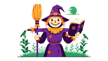 Halloween Scarecrow: A whimsical scarecrow dressed in traditional attire, reading from an enchanted spellbook under the eerie glow of the Halloween moon, embodying the festive spirit of the season.