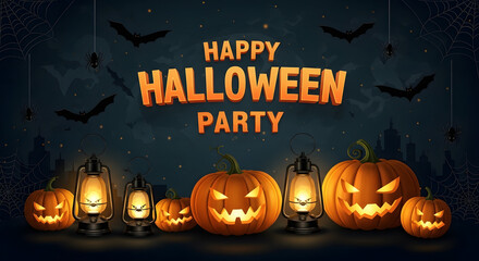 Happy Halloween Party banner with glowing jack-o'-lanterns, spooky bats, and vintage lanterns. Festive night celebration background.